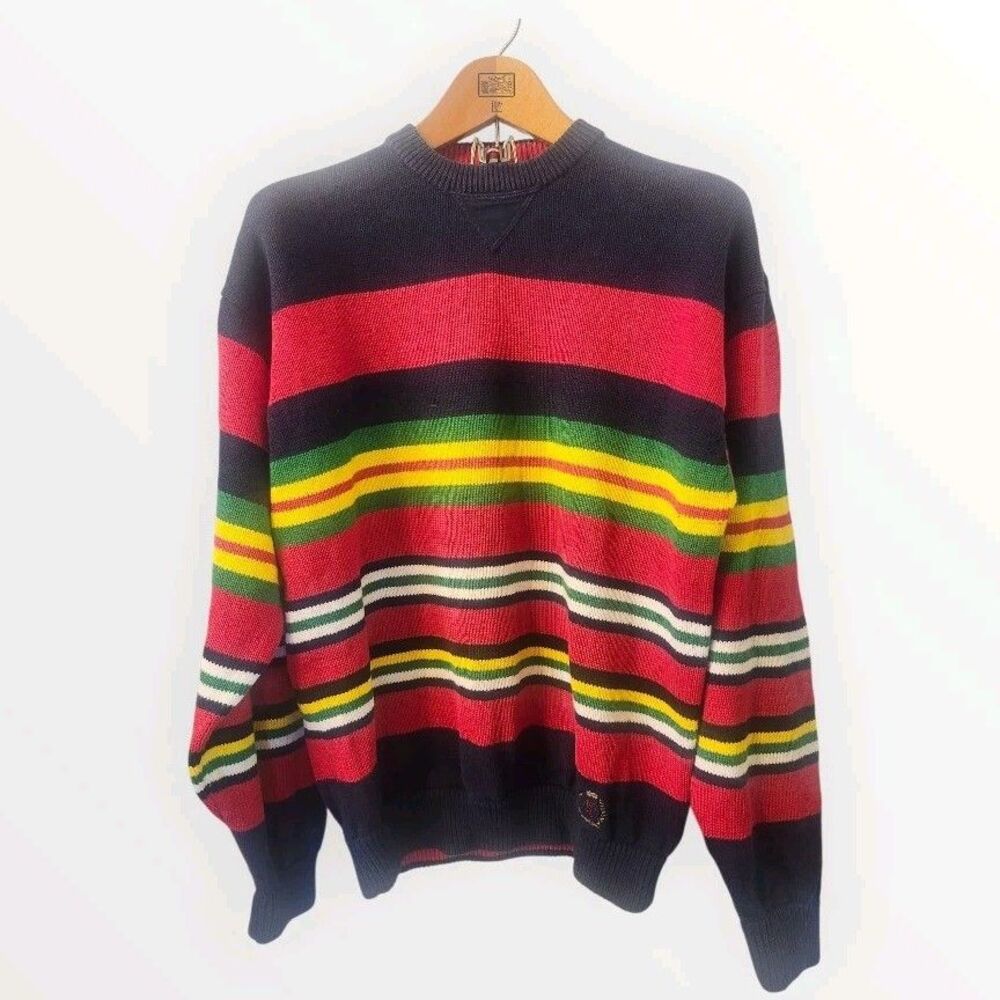 Tommy Hilfiger Sweater Mens XLarge Colorful Colorblock Crewneck Y2K 90s‎ Retro